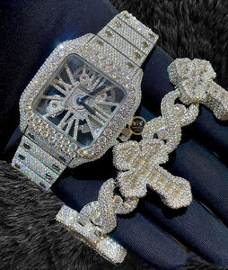 Latest Fashion Square <b>Men</b> Watch 14K <b>Gold</b> Finish Lab Grown Diamond VVS Clarity Mechanical Quartz Smart <b>White</b> Dial with <b>Bracelet</b> - Product Image 2