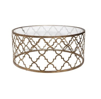 Table basse moderne de luxe avec plateau en fer, structure décorative en treillis métallique noir et or, taille personnalisable pour salon, hôtel, ou salle de séjour