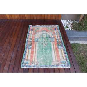 Tapis turc vintage, petit tapis de 3x4,3 pieds, tapis à motifs floraux orange et vert - Product Image 1