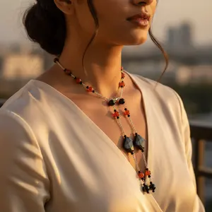 Collier lariat en onyx noir et agate rouge pour femmes, serti de diamants, style religieux, bijoux de déclaration pour cadeaux - Product Image 1