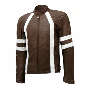 Nouvelle veste de motard coupe ajustée en cuir d'agneau véritable marron pour homme avec col montant personnalisable - Product Image 1