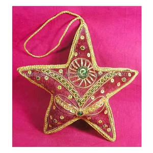 Adornos Navideños Colgantes en Forma de Estrella con Bordado Dorado Zari, Color Granate con Trabajo de Cuentas, Decoración para Fiestas de Cumpleaños - Product Image 1