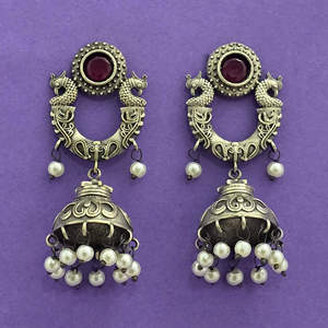 Pendientes de moda de diseñador Jhumki hermosos con revestimiento oxidado - Product Image 3