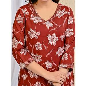 Maroon <b>Block</b> <b>Printed</b> Anarkali Kurta Pant Set Mulmul Dupatta Indian Ethnic Style Cotton Clothing for Party Wear Made Net Fabric - Product Image 4