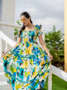 Robe maxi smockée à imprimé abstrait vibrant, robe d'été bohème à volants, franges, tenue de plage, imprimé abstrait vibrant - Product Image 3