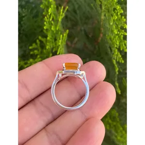 925 Silver Natural Fire <b>Opal</b> <b>Ring</b> Emerald Cut Diamond Dainty Cute Fine Jewelry Gemstone Yellow <b>Gold</b> Setting for Everyday Wear - Product Image 6
