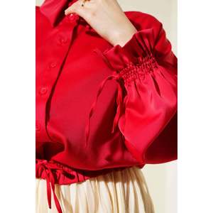 Elastic Waist <b>Sleeve</b> Ends Satin Shirt Red XL Size Breathable Cotton Knitted Formal Fashion Style <b>for</b> Spring Summer Autumn - Product Image 1