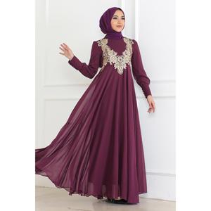 Vestido de Noche Morado 6113 de Gasa con Detalles de Encaje, Patrón de Crochet, Decoración de Lentejuelas, Talla XL, Vestido de Gala Largo hasta el Suelo - Product Image 1