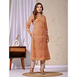 Orange Butta <b>Block</b> <b>Printed</b> Silk Kurta Pant Set Anarkali Indian Style with Salwar for Party Wear Special Occasions Net Fabric - Product Image 3