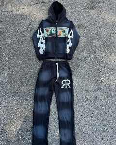 Survêtement vintage épais avec impression Sun Fade Sweatpants100 % Cotton French Terry Distressed Hoodie Men Tracksuit - Product Image 2