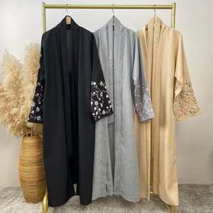 Hot Selling Product Premium Quality Linen <b>Abaya</b> Muslim Women Dress Dubai Style Embroidered Sleeves Ramadan Eid Open <b>Abaya</b> Adults - Product Image 2