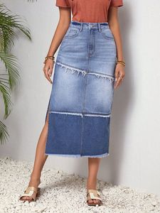 Falda midi vaquera de cintura alta para mujer, corte en A, color liso, con abertura frontal, estilo casual, tela de algodón desgastada, estilo veraniego - Product Image 4