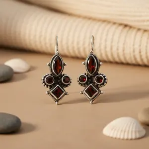 Women's 925 Silver Garnet Drop <b>Earrings</b> Gold Plated <b>Dangle</b> Jewelry Cute for Wedding Featuring Amethyst Quartz Pearl <b>Diamond</b> - Product Image 3
