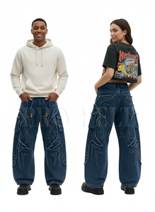Tùy Chỉnh Cổ Điển Rửa Quá Khổ Baggy Denim Quần Vận Chuyển Hàng Hóa Cho Nam Giới Đau Khổ Y2K Thời Trang Phố <span class=keywords><strong>Jeans</strong></span> Với Dây Kéo Chi Tiết Xáo Viền - Product Image 6