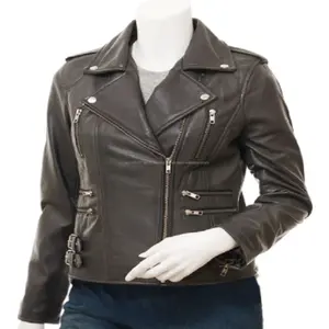 High Quality Women's Cropped Biker Rock Motorcycle Sheepskin Leather Jacket Coat Leather Suit Zipper Jacket