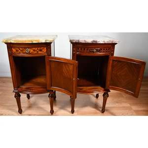 Luxurious French Style Mahogany Nightstands Pair Marble Top | Hand-Carved <b>Bedside</b> Cabinets Marquetry Single <b>Drawer</b> Bedroom - Product Image 2
