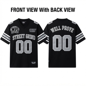 Custom Football Jersey 200gsm Polyester <b>Mesh</b> Digital Print Black Blue Sleeve Panel <b>Rhinestone</b> Sparkle Stitched Logo Team Wear - Product Image 5