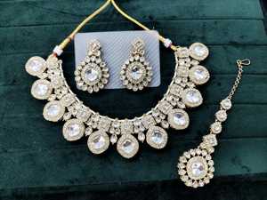 Pendientes de circón chapados en oro fino de piedra de sombra étnica india antigua tradicional, conjunto de joyería para boda de mujer, ocasión nupcial - Product Image 3