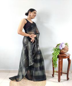 Sari de organza listo para usar con reflejos de secuencia de algodón - Product Image 6