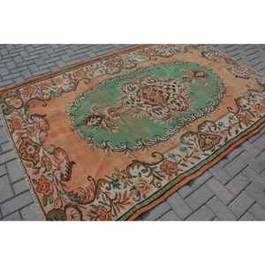 Alfombra de lana turca Vintage de 6x8,9 pies, naranja y verde, patrón de retales de tejido plano para decoración para sala de estar, 4m de ancho - Product Image 2