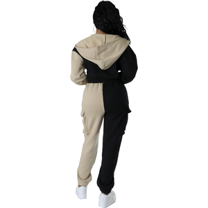 Womens color block fleece tracksuit <b>zip</b> up <b>hoodie</b> with matching jogger pants two piece set soft cotton casual outfit <b>black</b> - Product Image 5