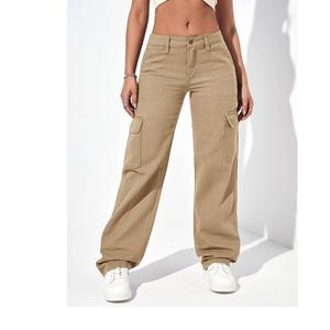 Pantalones cargo holgados de tiro alto de sarga informales personalizados para mujer con precios al por mayor, proveedor de bolsillos de BD - Product Image 4