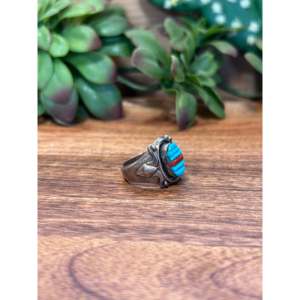 <b>Mens</b> Navajo Turquoise Coral Sterling <b>Silver</b> <b>Ring</b> Size 10.5 Rhodium Plated - Product Image 4