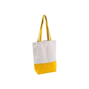 Yellow Bottom Foldable Button Shopping Durable Embroidered 100% Cotton GOTS Woven Pouch Storage Solid <b>Eco</b> Friendly Tote Bag Sets - Product Image 1