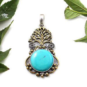 Pendentif en pierre précieuse Turquoise de Style Vintage fait à la main or argent pendentifs oxydés deux tons bijoux pour femmes filles vente en gros inde - Product Image 1