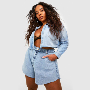 Premium Quality <b>Women</b> Light Blue Snow Washed Mid Waist Raw Hem Denim <b>Shorts</b> with Button Fly Breathable Reasonable Rates for Sale - Product Image 3