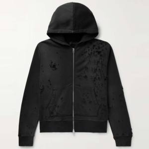 Sweat à capuche oversize en coton et polyester mélangé pour l'hiver, avec fermeture éclair intégrale, thermique, délavé à l'acide, délavé au soleil, effet usé - Product Image 3