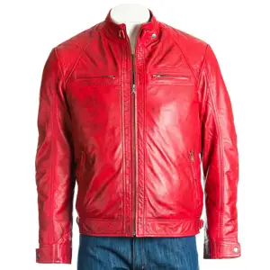 Veste en cuir de couleur rouge personnalisée pour l'hiver lourd Vestes en cuir de moto à col montant décontractées pour hommes Service OEM ODM disponible