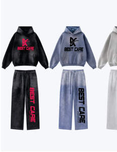 Ensemble de survêtements lourds pour hommes sérigraphie broderie dégradée ourlet brut sweat à capuche survêtement Streetwear Croppe logo d'été - Product Image 5