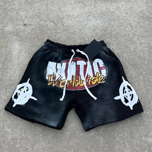 Pantalones cortos descoloridos de moda americana de alta calidad para hombres, pantalones cortos de calle con dobladillo crudo y lavado ácido con estampado de pantalla personalizado de diamantes de imitación - Product Image 3