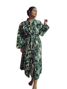 Indian Handblock Jungle Printed Cotton Bathrobe For Women with Belt, Size - 48 inch - Product Image 3