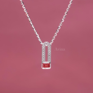 IGI Certified Lab Grown Diamond & Emerald Cut <b>Ruby</b> Pendant <b>Necklace</b> in 18K White Gold Minimalist Geometric Fine Jewelry <b>Necklace</b> - Product Image 3