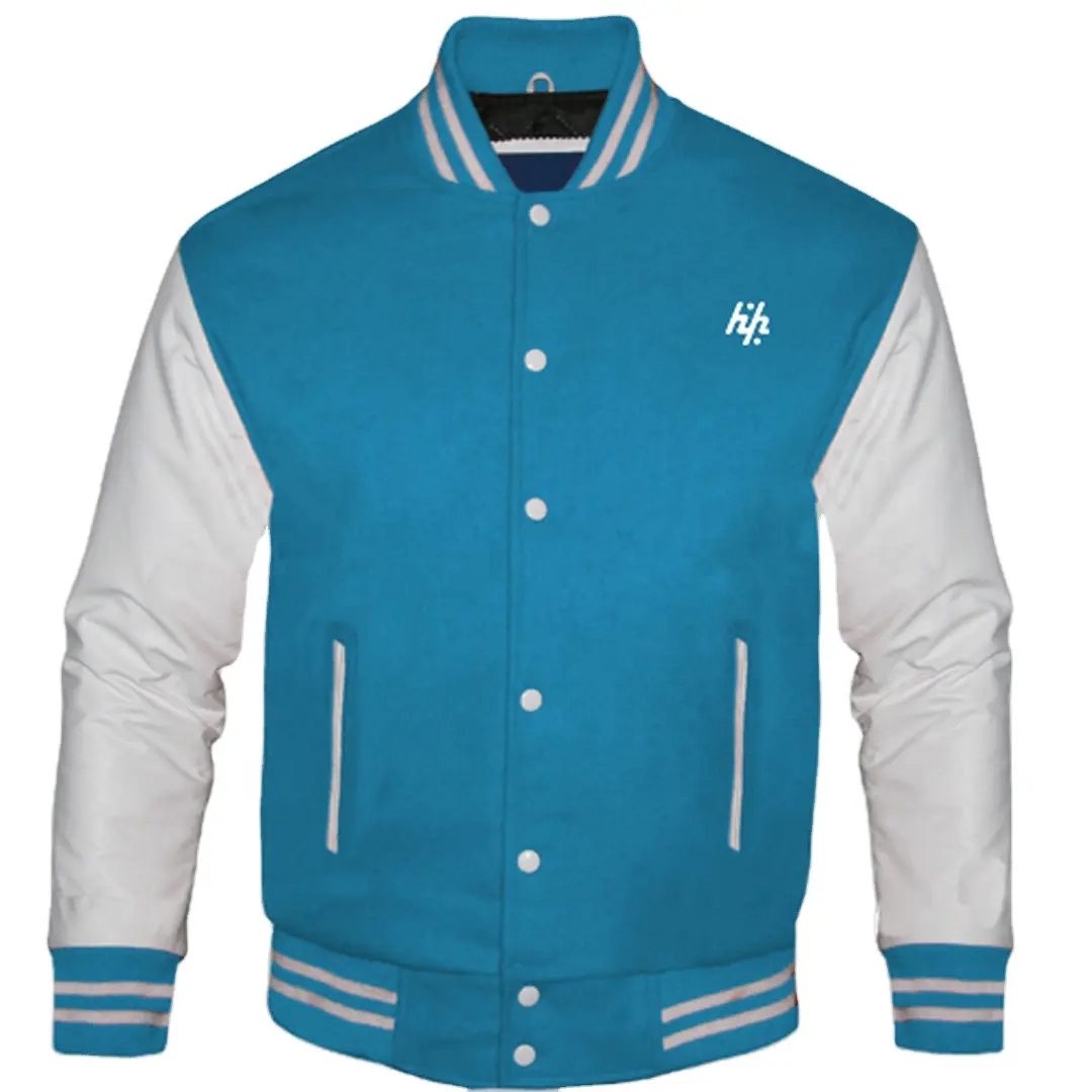 Оригинальные новые шерстяные голубые и натуральные кожаные рукава белые куртки для мужчин от Huzaifa Products