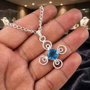 Collier pendentif élégant et délicat en topaze bleue suisse naturelle, forme poire et ronde, plaqué argent sterling 925, certifié, pour femme - Product Image 3