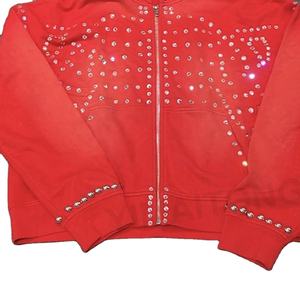 Sweat à capuche zippé pour homme en coton 100% avec lavage à l'acide, design en strass, coupe régulière, tissu polaire, style vintage surdimensionné - Product Image 2