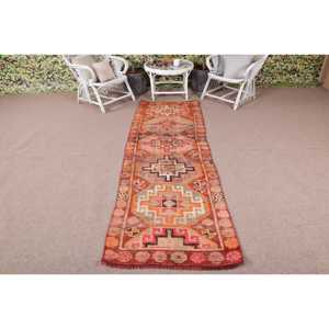 Vintage 2.7x8.3 ft Rug, Herki Turkish Rug, <b>Red</b> Moroccan <b>Wool</b> Rug - Product Image 1