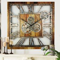 Grande horloge murale carrée en laiton AK en métal et engrenages en bois de couleur bois antique et naturel pour la décoration intérieure/décoration murale