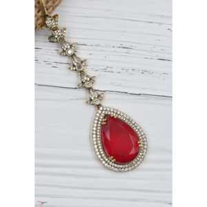 เครื่องประดับผมเจ้าสาวแบบดั้งเดิม ประดับด้วยหินสีแดงและคริสตัลสีขาว สำหรับงานแต่งงานแบบอินเดีย เหมาะสำหรับผู้หญิงและเด็กผู้หญิง - Product Image 4