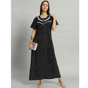 ชุดนอนผ้าฝ้ายแท้ 100% สำหรับผู้หญิง แขนสั้น ความยาวเต็มตัว ผ้าระบายอากาศ ลายดอกไม้ที่คอ ดีไซน์หรูหรา เหมาะสำหรับฤดูใบไม้ผลิ ฤดูใบไม้ร่วง และฤดูร้อน - Product Image 1