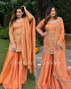 New Fashionable Embroidered <b>Sequin</b> Work Sharara Set Top Dupatta Heavy Chinnon <b>Material</b> Salwar Kameez Party Wear Readymade - Product Image 1