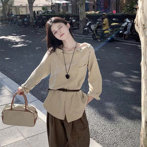 Korean style striped loose blouse with <b>belt</b> women boat neck long sleeve elegant casual shirt fashion top - Product Image 3