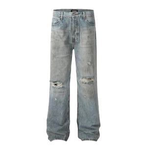 Jeans Rectos Extra Grandes para Hombre, de Alta Calidad, Estilo Desgastado, Color Azul Claro, Diseño Urbano, con Estilo Rasgado - Product Image 1
