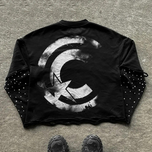 2025 personnalisé en détresse broderie T-Shirts surdimensionné à manches longues Double couche strass t-shirts hommes - Product Image 2