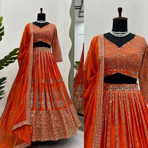 Elegante conjunto festivo Lehenga Choli hecho de tela japonesa Jastin con hilo y bordado y una dupatta de encaje de cuatro lados - Product Image 4