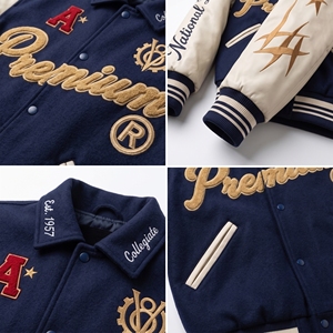 Veste universitaire brodée de qualité supérieure pour homme, bleu marine et beige, style baseball, avec design de manches de la Ligue nationale - Product Image 5