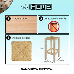 Sgabello Alto Rustico WELL HOME, Panca Non Verniciata per un Look Classico ed Elegante - Product Image 2